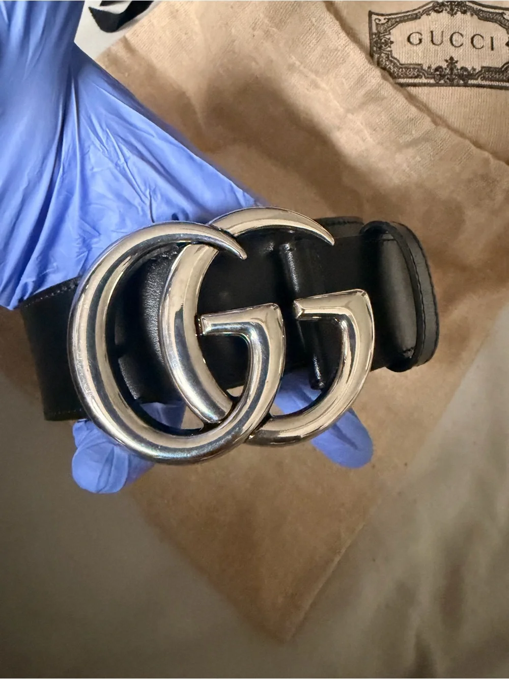 Gucci Black Leather Belt with Silver Interlocking GG Buckle